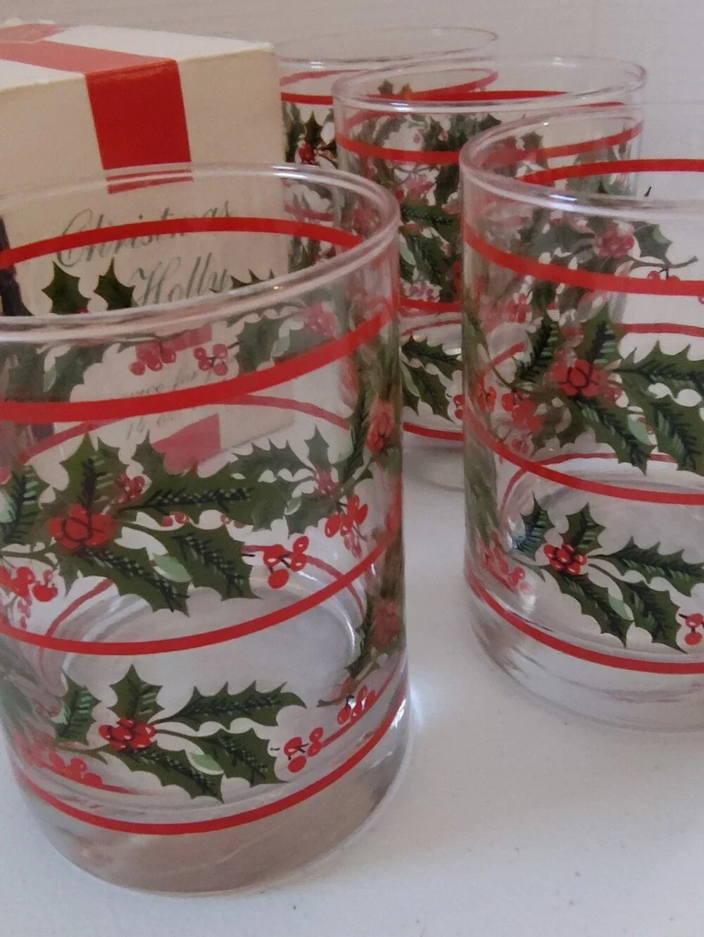 Vtg Indiana Glass Christmas Holly Service for 4 14 oz Rocks Holiday Glasses Box